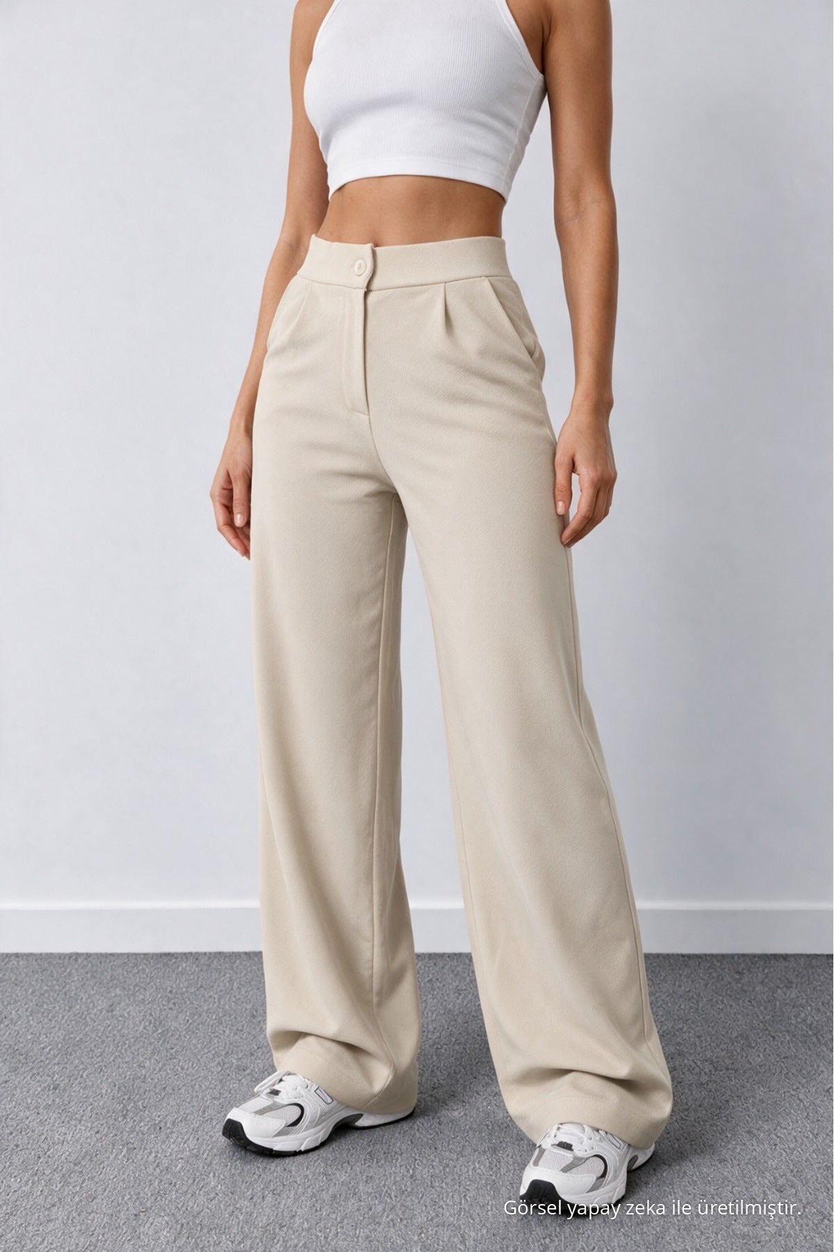 Women's Beige Lycra Palazzo Loose Wide Leg Trousers - MALLTURK