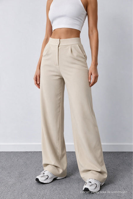 Women's Beige Lycra Palazzo Loose Wide Leg Trousers - MALLTURK
