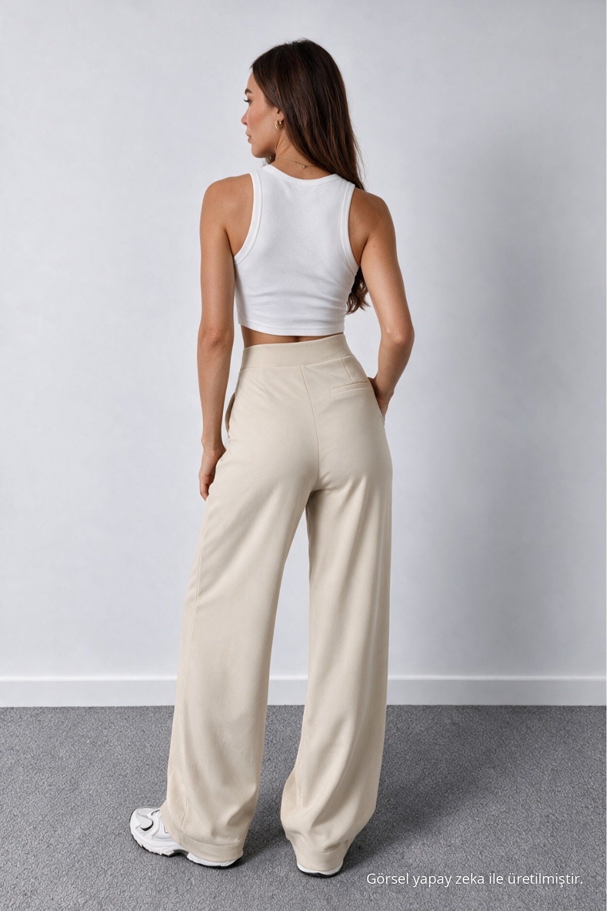 Women's Beige Lycra Palazzo Loose Wide Leg Trousers - MALLTURK