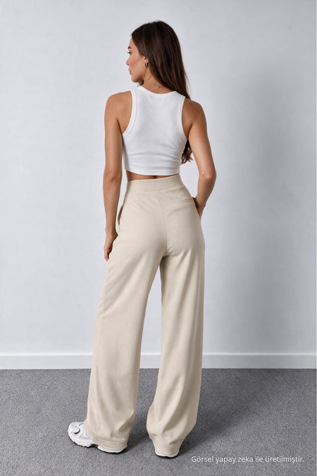 Women's Beige Lycra Palazzo Loose Wide Leg Trousers - MALLTURK