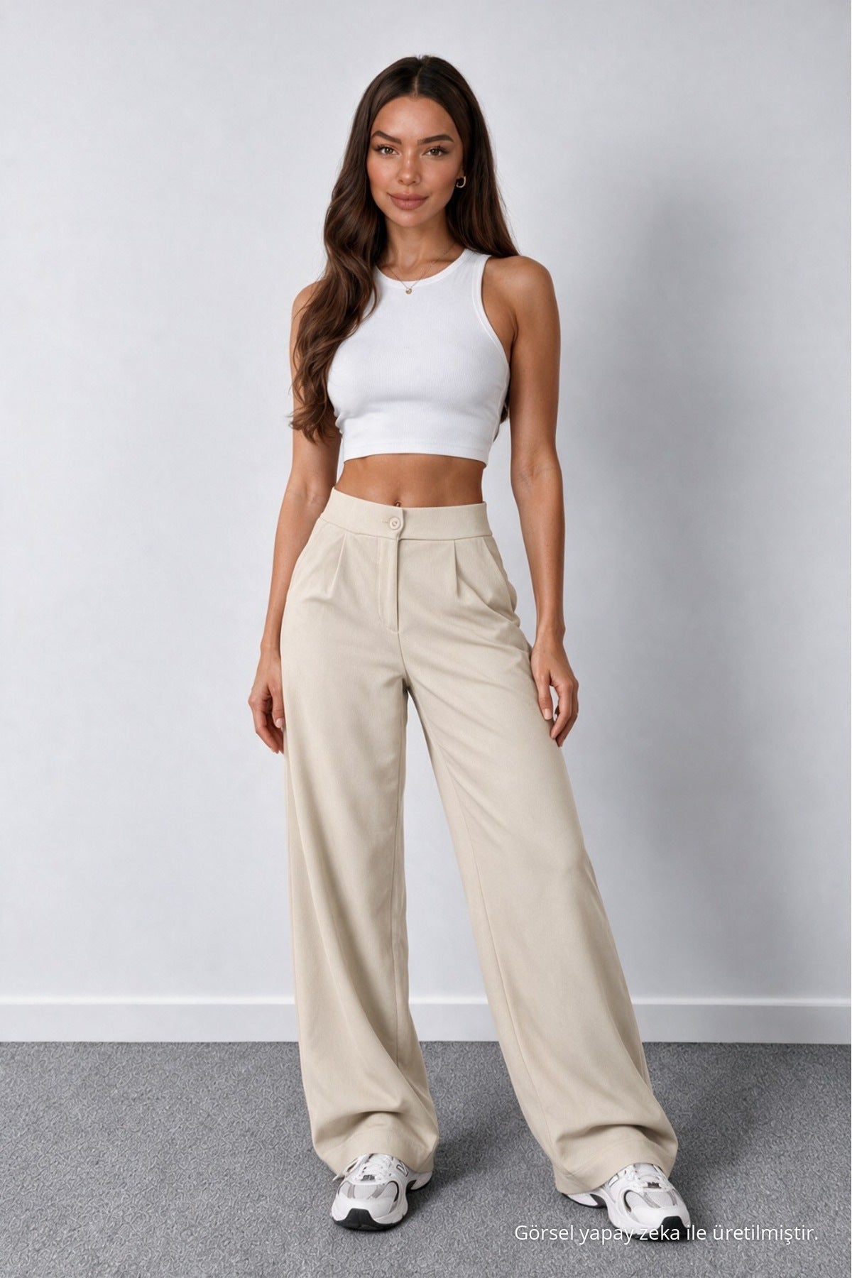 Women's Beige Lycra Palazzo Loose Wide Leg Trousers - MALLTURK