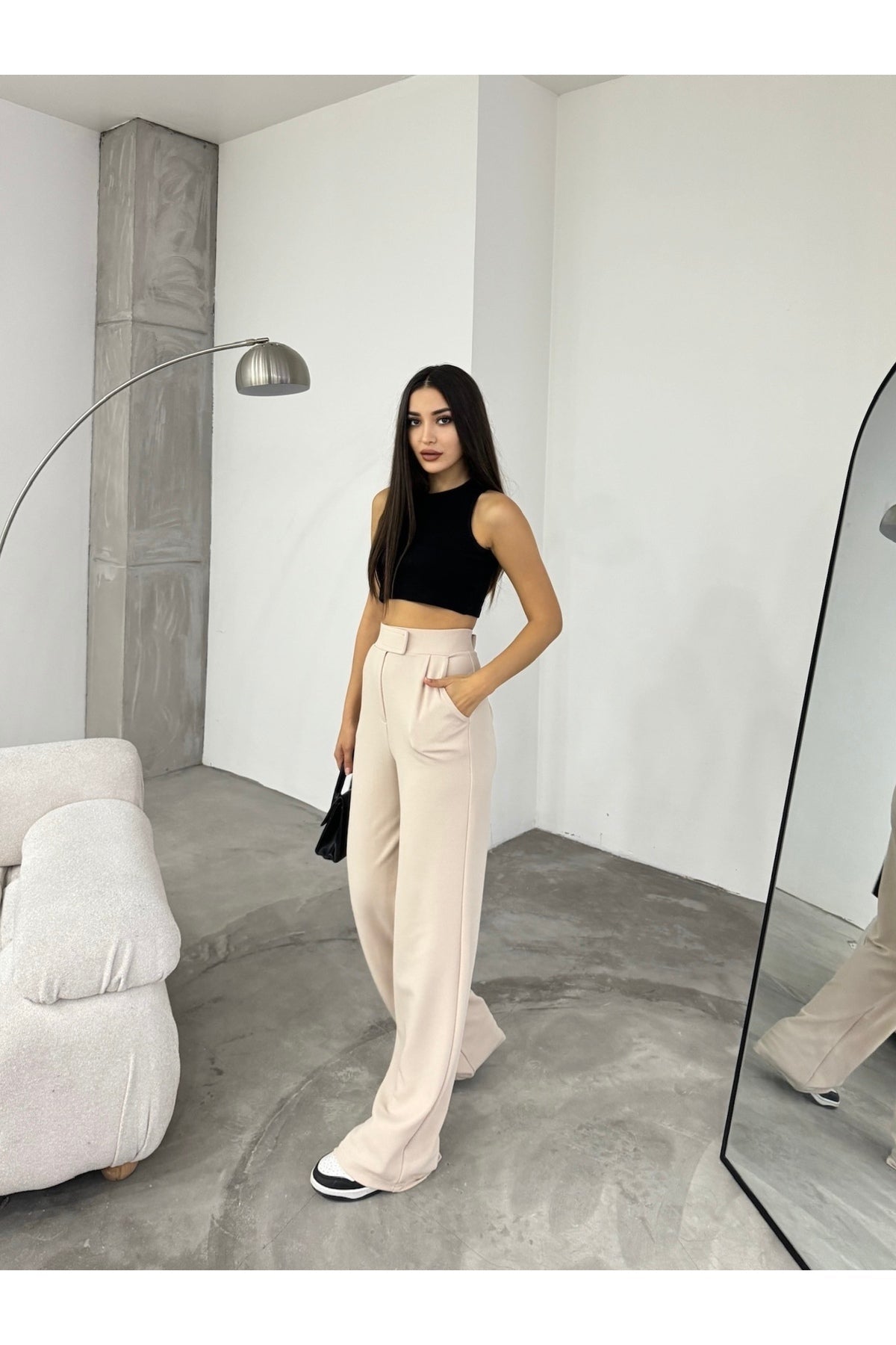 Women's Beige Lycra Velcro Palazzo Wide Leg Trousers - MALLTURK