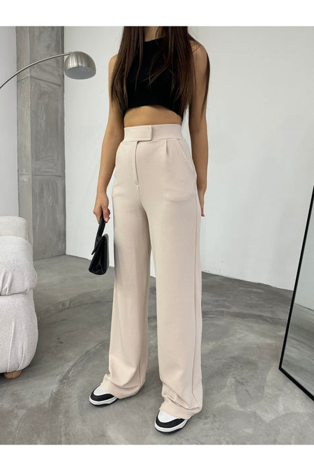 Women's Beige Lycra Velcro Palazzo Wide Leg Trousers - MALLTURK