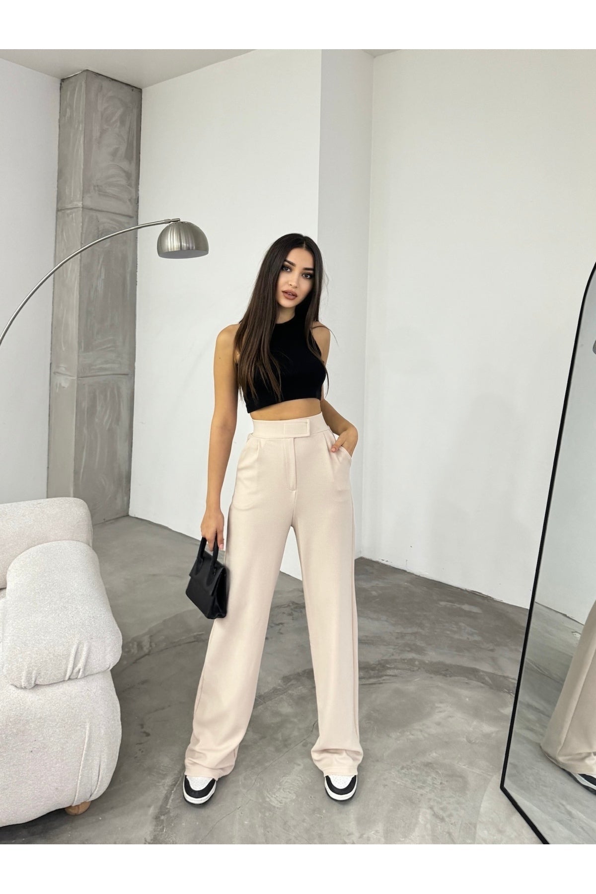 Women's Beige Lycra Velcro Palazzo Wide Leg Trousers - MALLTURK