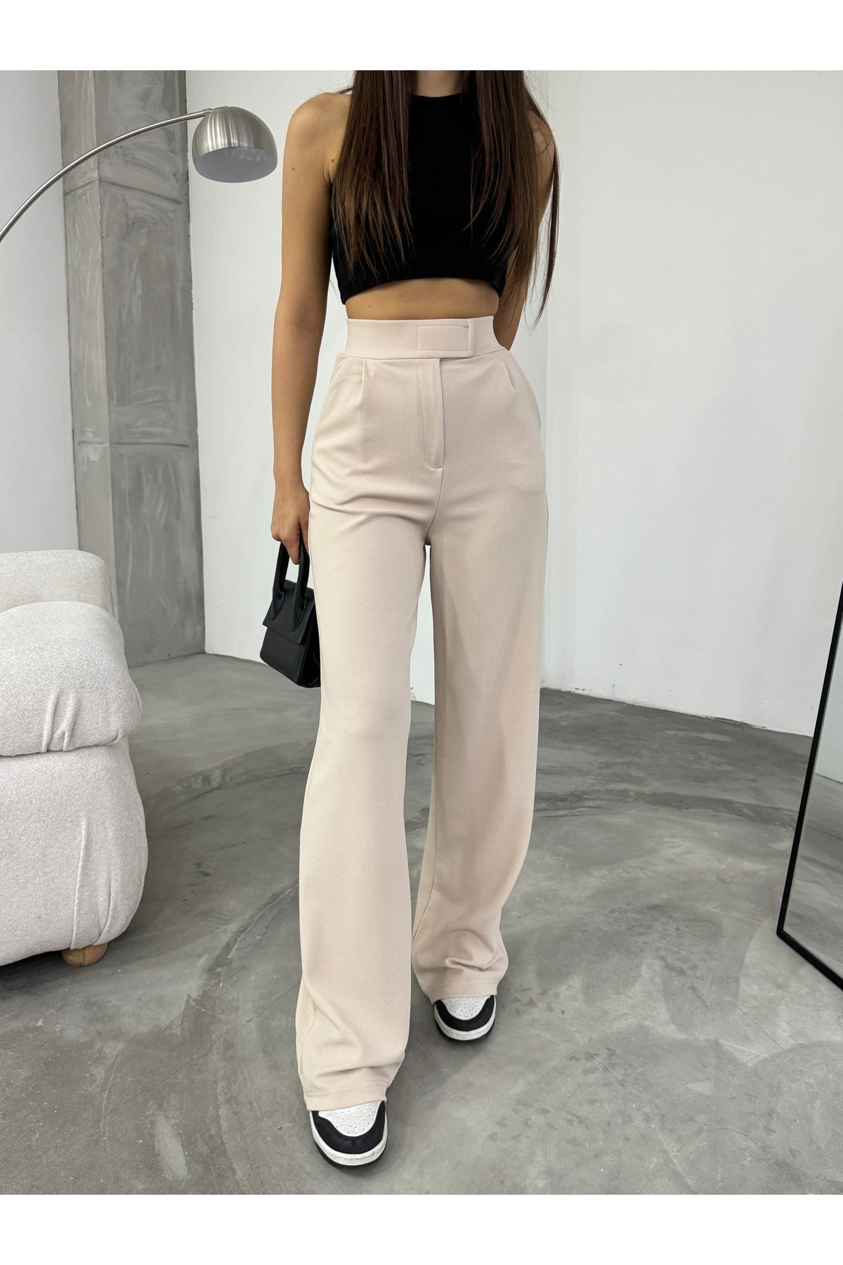 Women's Beige Lycra Velcro Palazzo Wide Leg Trousers - MALLTURK