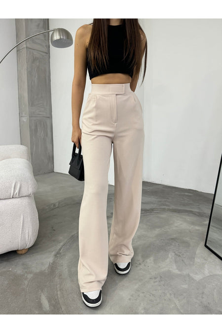 Women's Beige Lycra Velcro Palazzo Wide Leg Trousers - MALLTURK