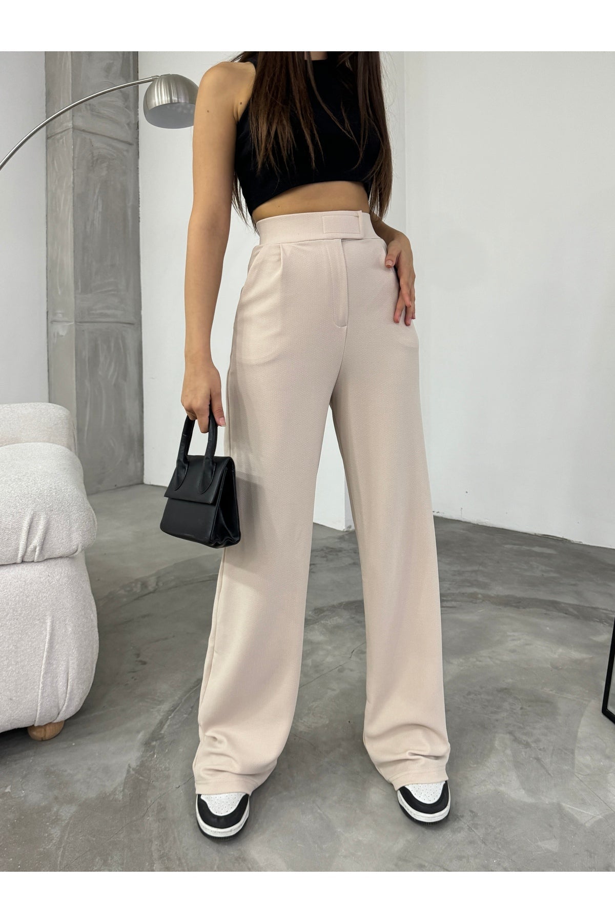 Women's Beige Lycra Velcro Palazzo Wide Leg Trousers - MALLTURK