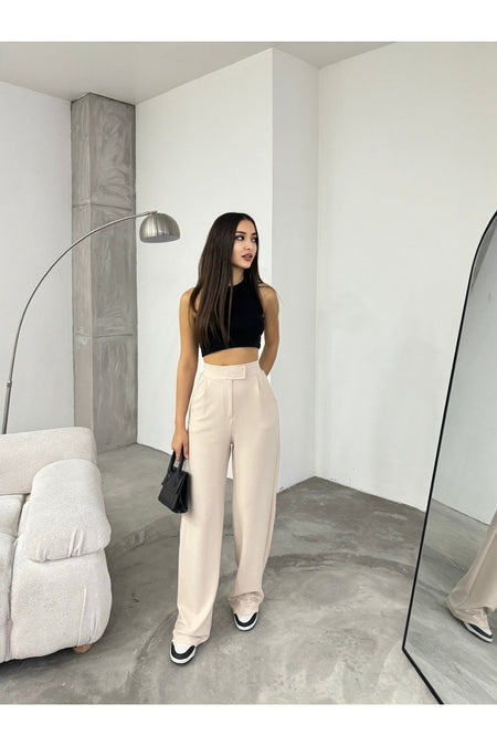 Women's Beige Lycra Velcro Palazzo Wide Leg Trousers - MALLTURK