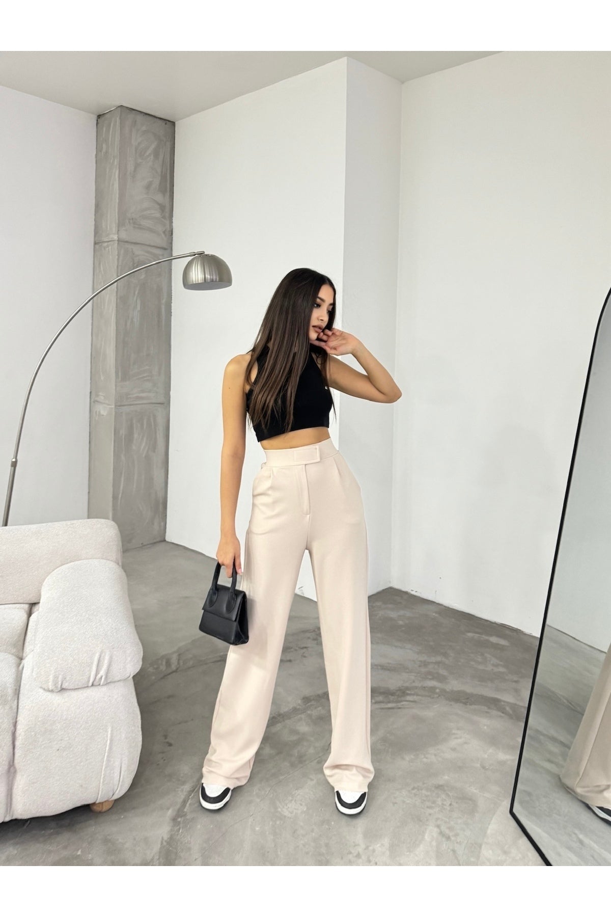 Women's Beige Lycra Velcro Palazzo Wide Leg Trousers - MALLTURK
