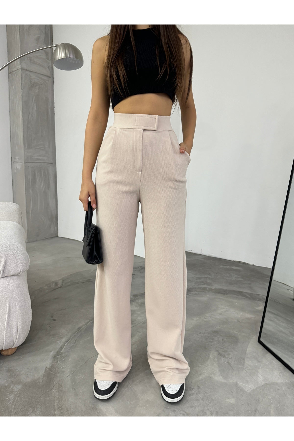 Women's Beige Lycra Velcro Palazzo Wide Leg Trousers - MALLTURK
