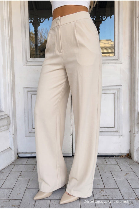 Women's Beige Relaxed Fit Wide Leg Lycra Trousers - MALLTURK