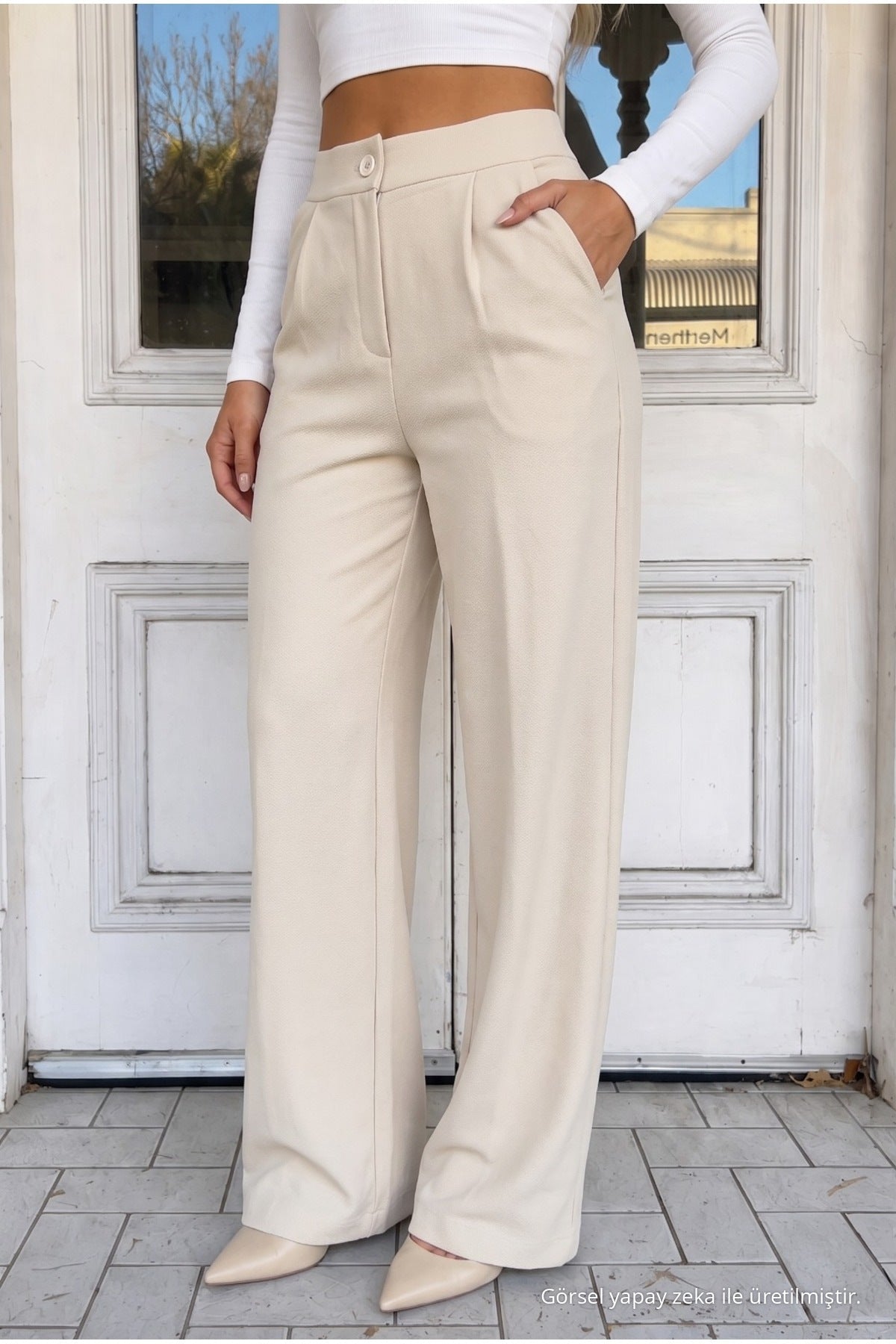 Women's Beige Relaxed Fit Wide Leg Lycra Trousers - MALLTURK