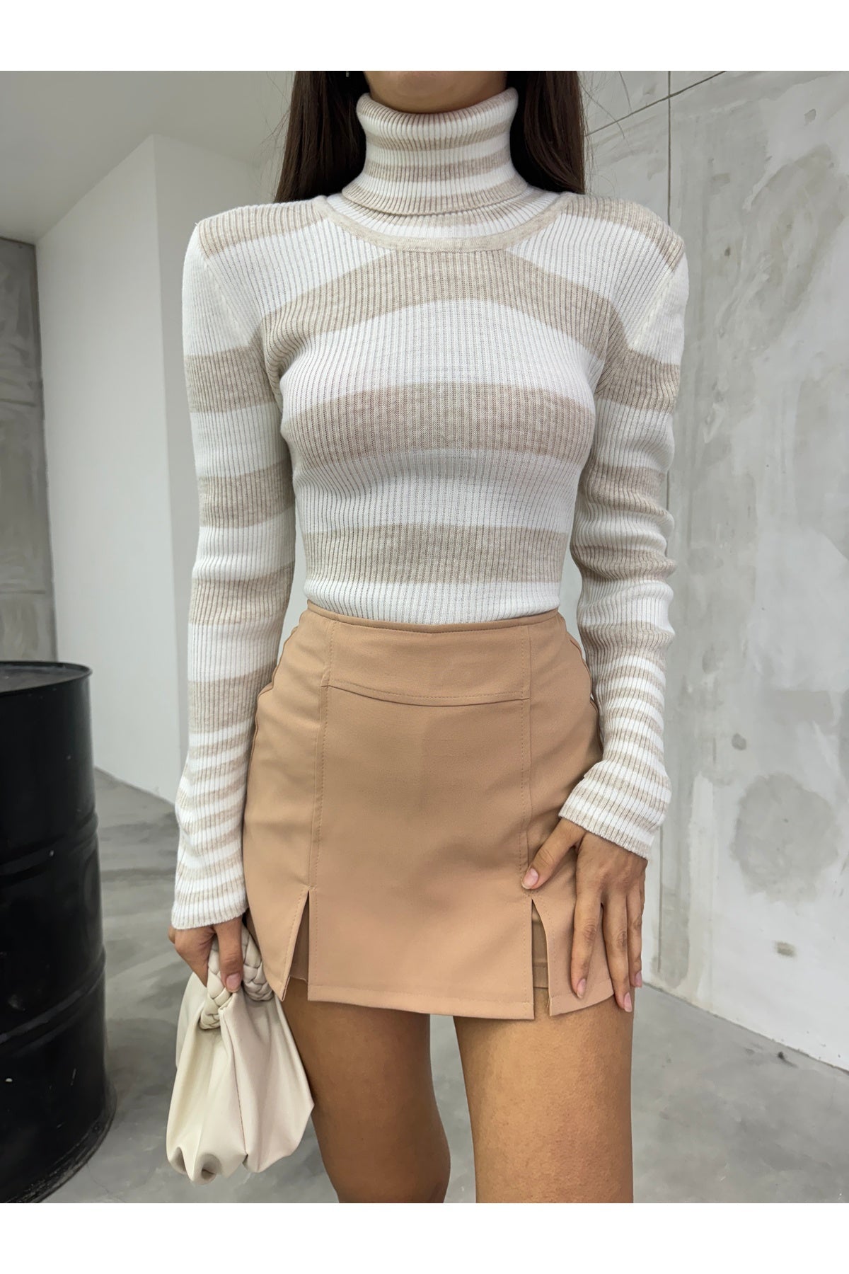 Women's Beige Striped Soft Textured Lycra Basic Knit Sweater - MALLTURK