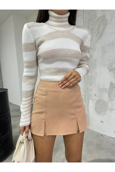 Women's Beige Striped Soft Textured Lycra Basic Knit Sweater - MALLTURK