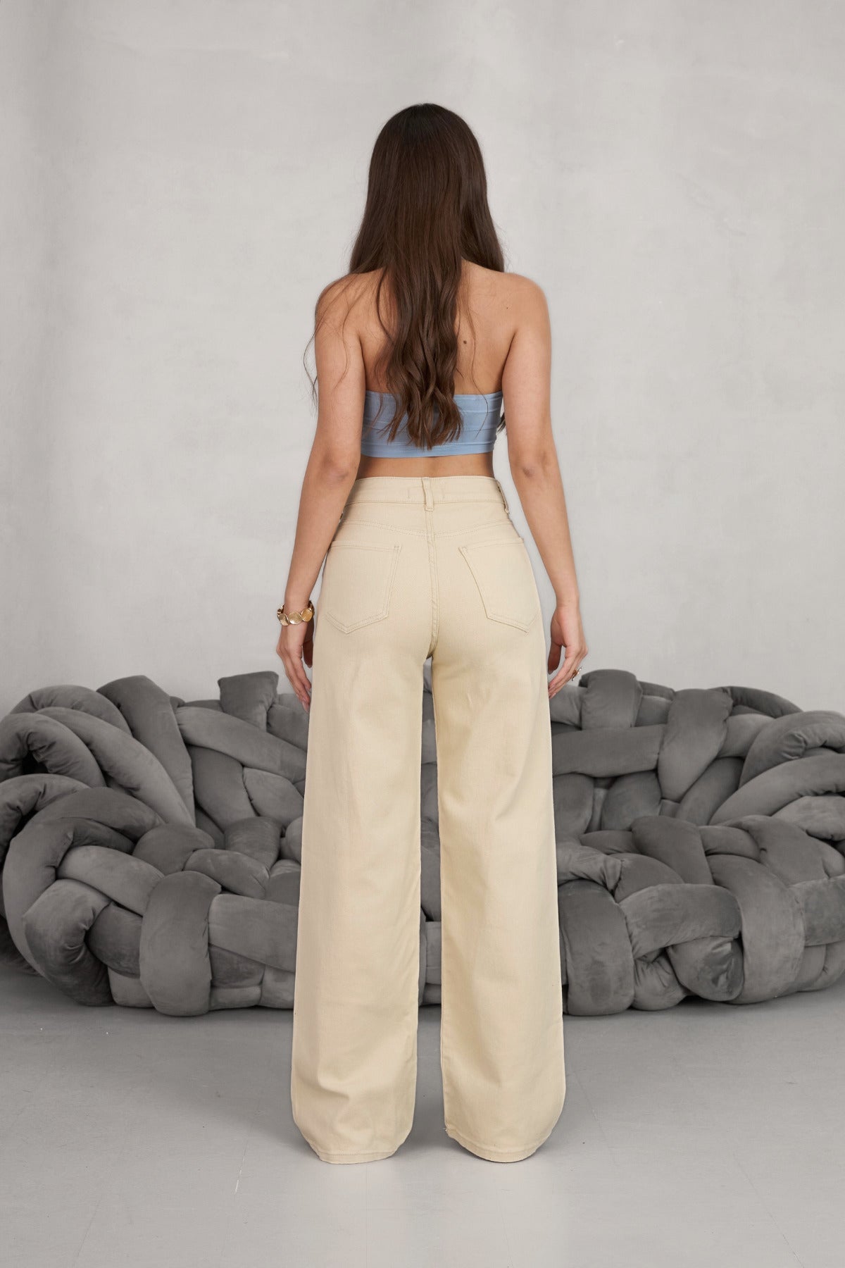 Women's Beige Wide Leg Palazzo High Waist Trousers - MALLTURK