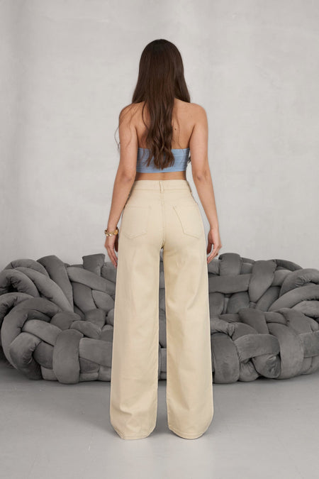 Women's Beige Wide Leg Palazzo High Waist Trousers - MALLTURK