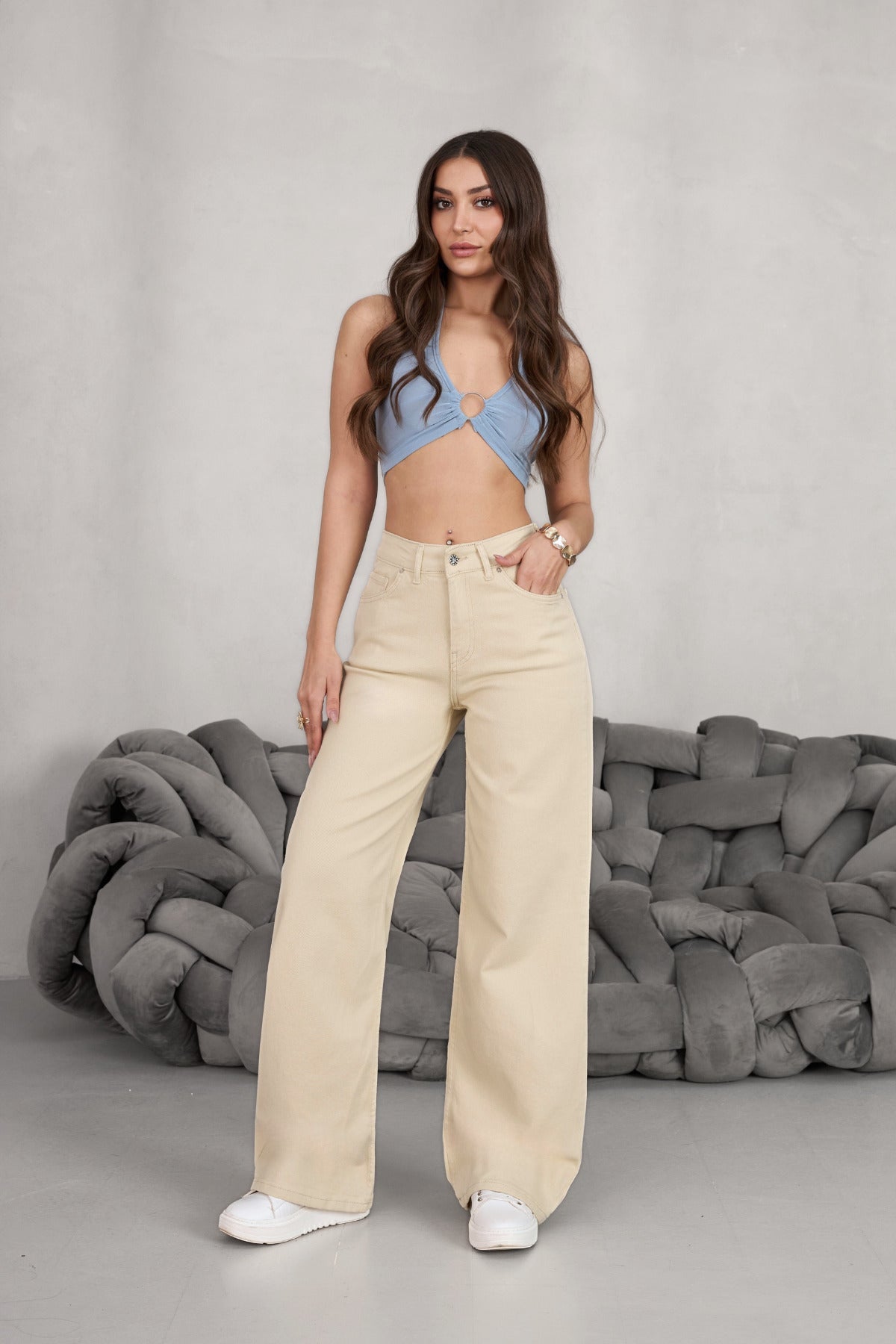 Women's Beige Wide Leg Palazzo High Waist Trousers - MALLTURK
