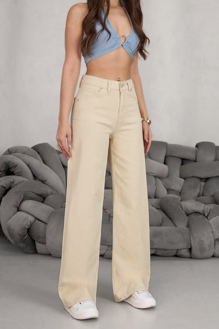 Women's Beige Wide Leg Palazzo High Waist Trousers - MALLTURK