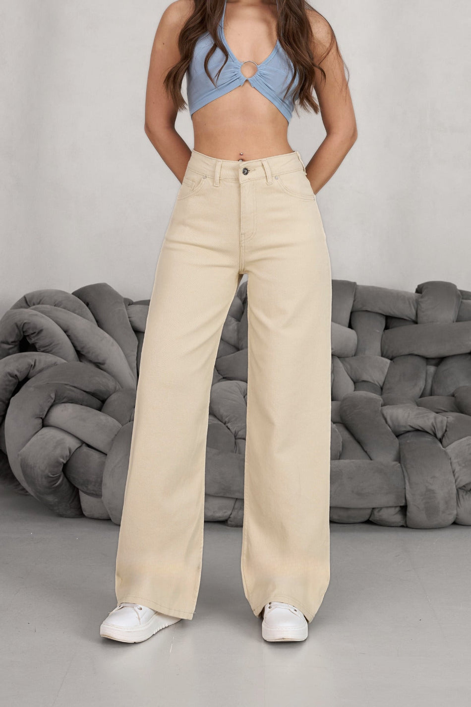 Women's Beige Wide Leg Palazzo High Waist Trousers - MALLTURK