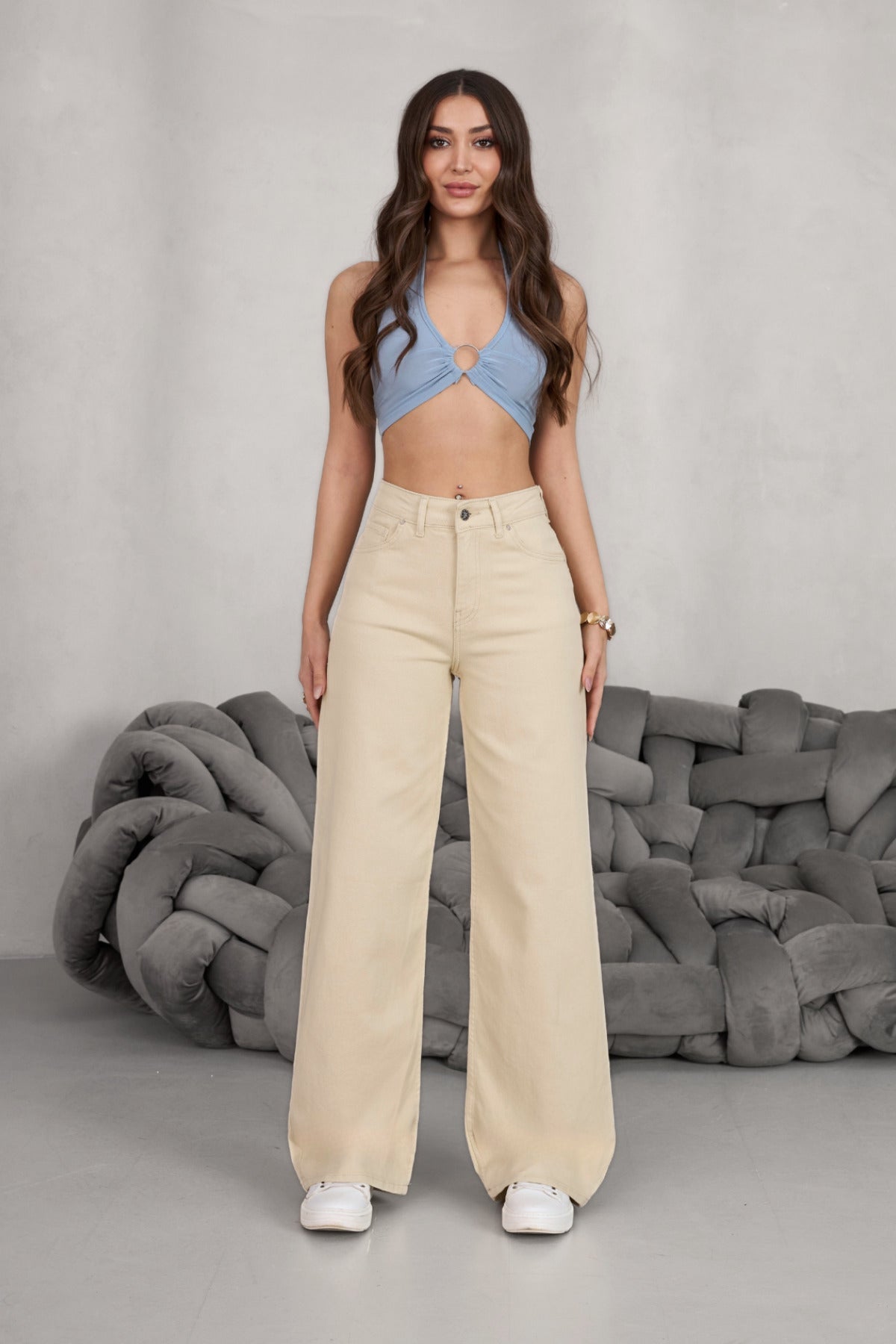 Women's Beige Wide Leg Palazzo High Waist Trousers - MALLTURK