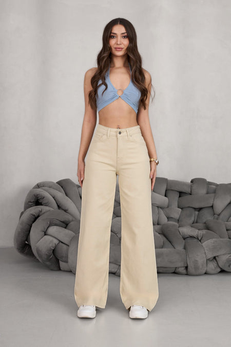 Women's Beige Wide Leg Palazzo High Waist Trousers - MALLTURK