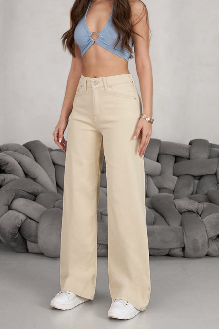 Women's Beige Wide Leg Palazzo High Waist Trousers - MALLTURK