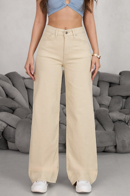 Women's Beige Wide Leg Palazzo High Waist Trousers - MALLTURK