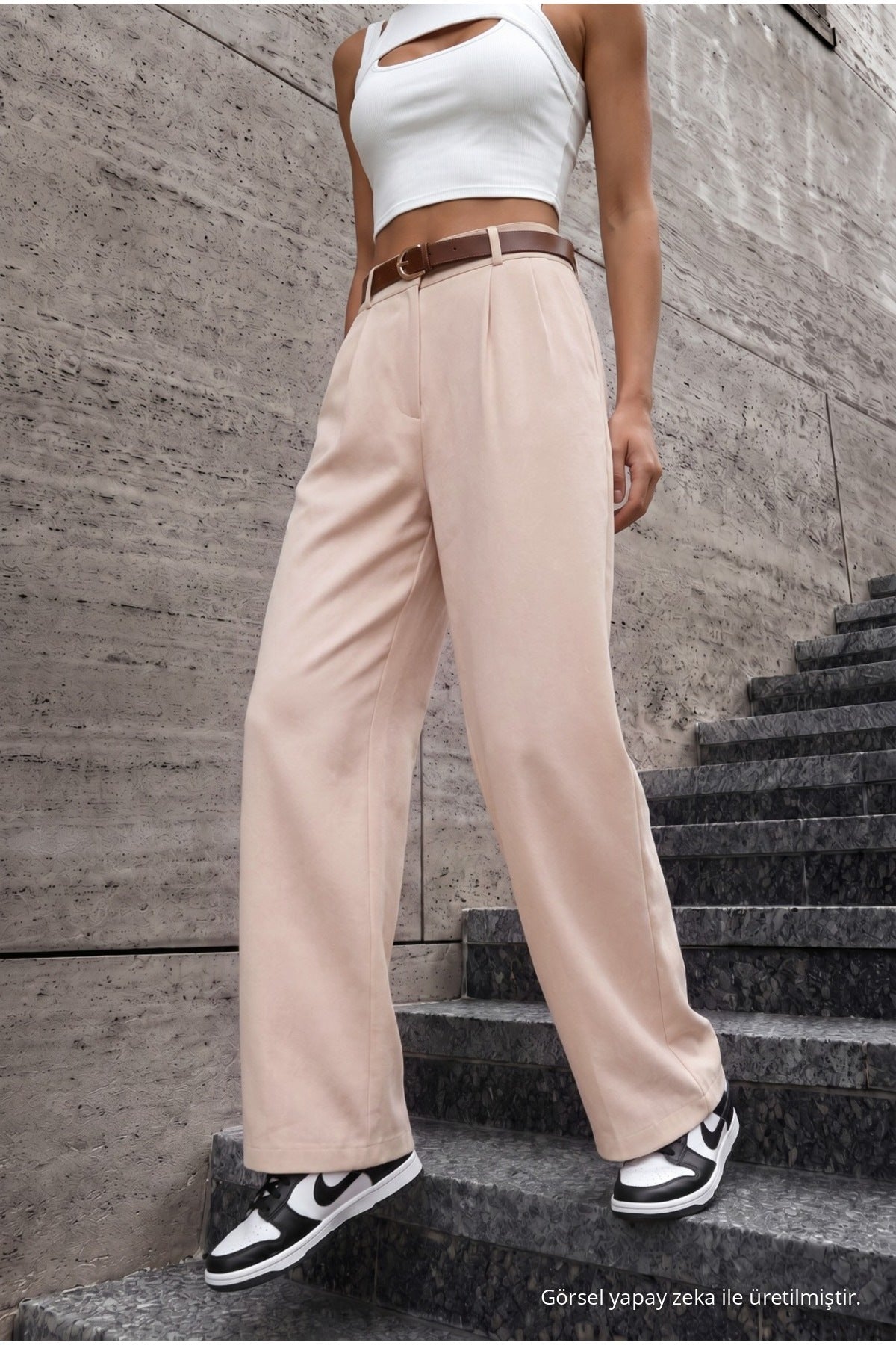 Women's Belted Oversize Loose-Fitting Palazzo Pants with Elastic Waistband, Beige - MALLTURK
