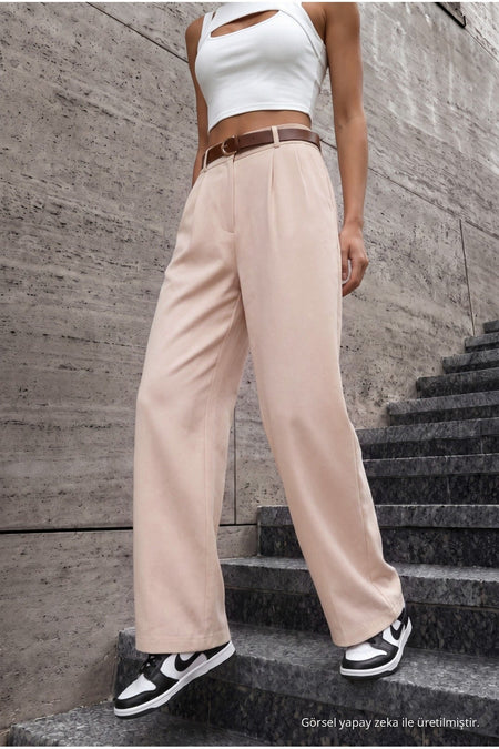 Women's Belted Oversize Loose-Fitting Palazzo Pants with Elastic Waistband, Beige - MALLTURK