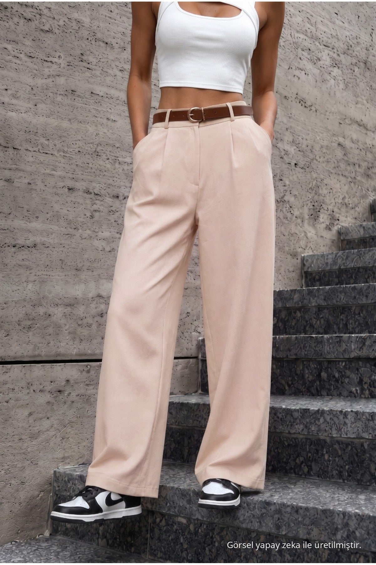 Women's Belted Oversize Loose-Fitting Palazzo Pants with Elastic Waistband, Beige - MALLTURK