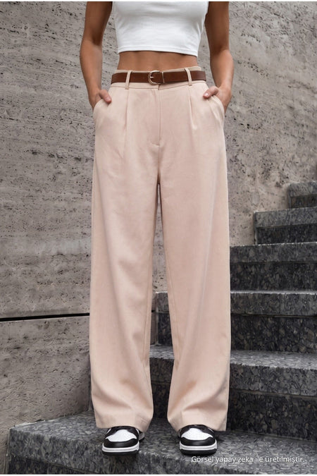 Women's Belted Oversize Loose-Fitting Palazzo Pants with Elastic Waistband, Beige - MALLTURK