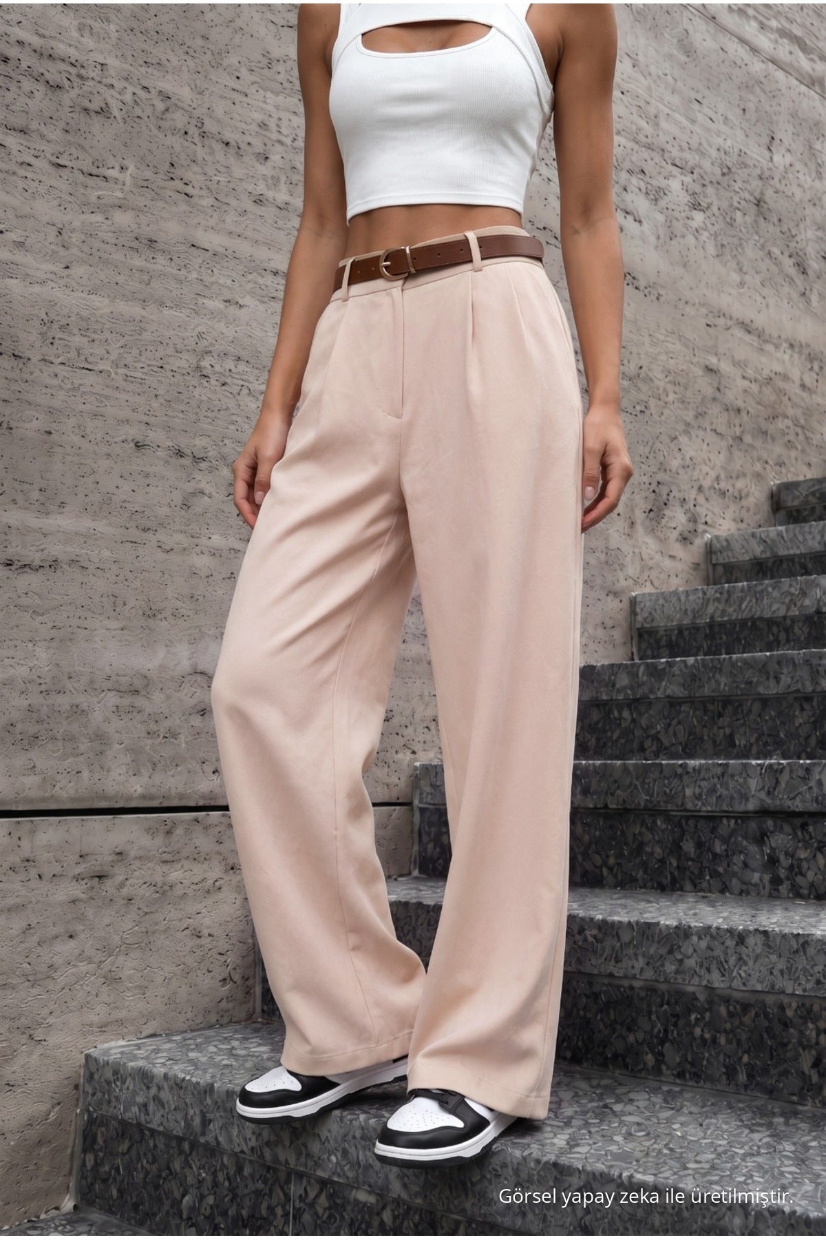 Women's Belted Oversize Loose-Fitting Palazzo Pants with Elastic Waistband, Beige - MALLTURK
