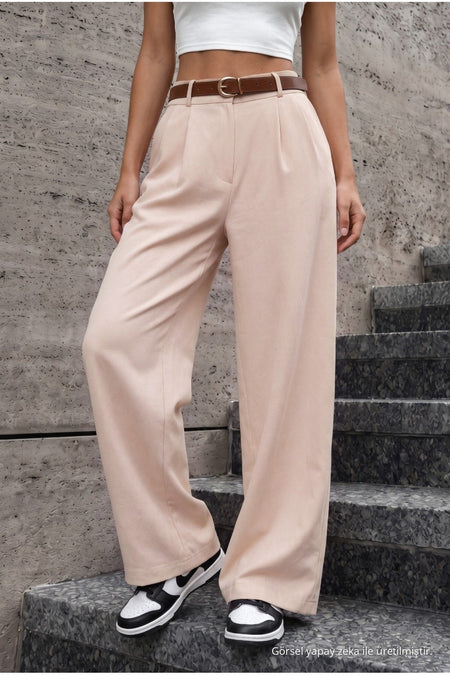 Women's Belted Oversize Loose-Fitting Palazzo Pants with Elastic Waistband, Beige - MALLTURK