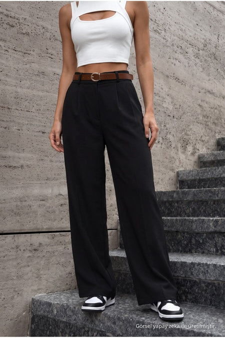 Women's Belted Oversize Loose-Fitting Palazzo Pants with Elastic Waistband, BLACK - MALLTURK