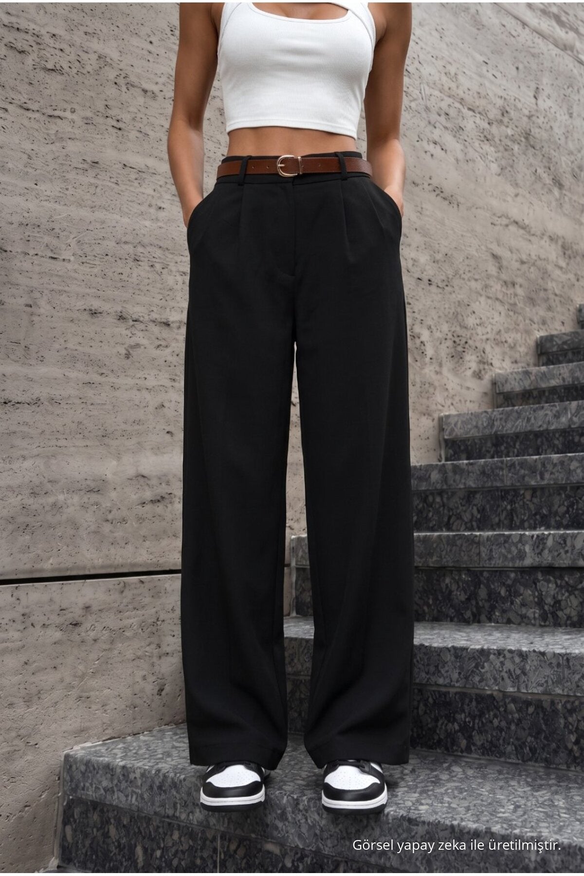 Women's Belted Oversize Loose-Fitting Palazzo Pants with Elastic Waistband, BLACK - MALLTURK