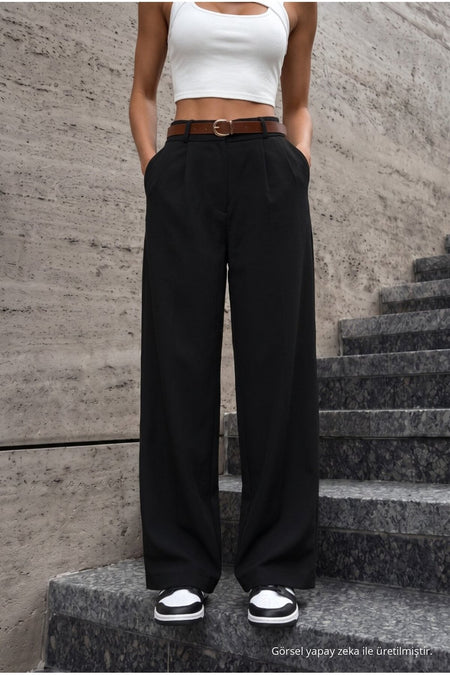 Women's Belted Oversize Loose-Fitting Palazzo Pants with Elastic Waistband, BLACK - MALLTURK