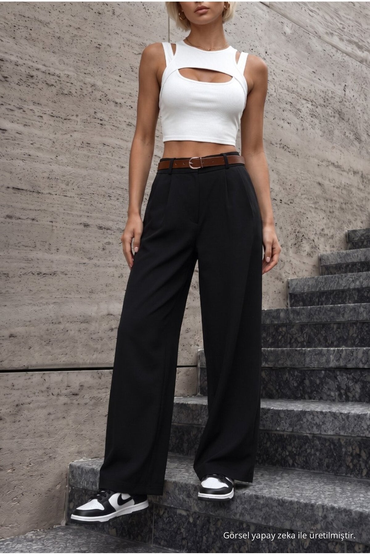 Women's Belted Oversize Loose-Fitting Palazzo Pants with Elastic Waistband, BLACK - MALLTURK