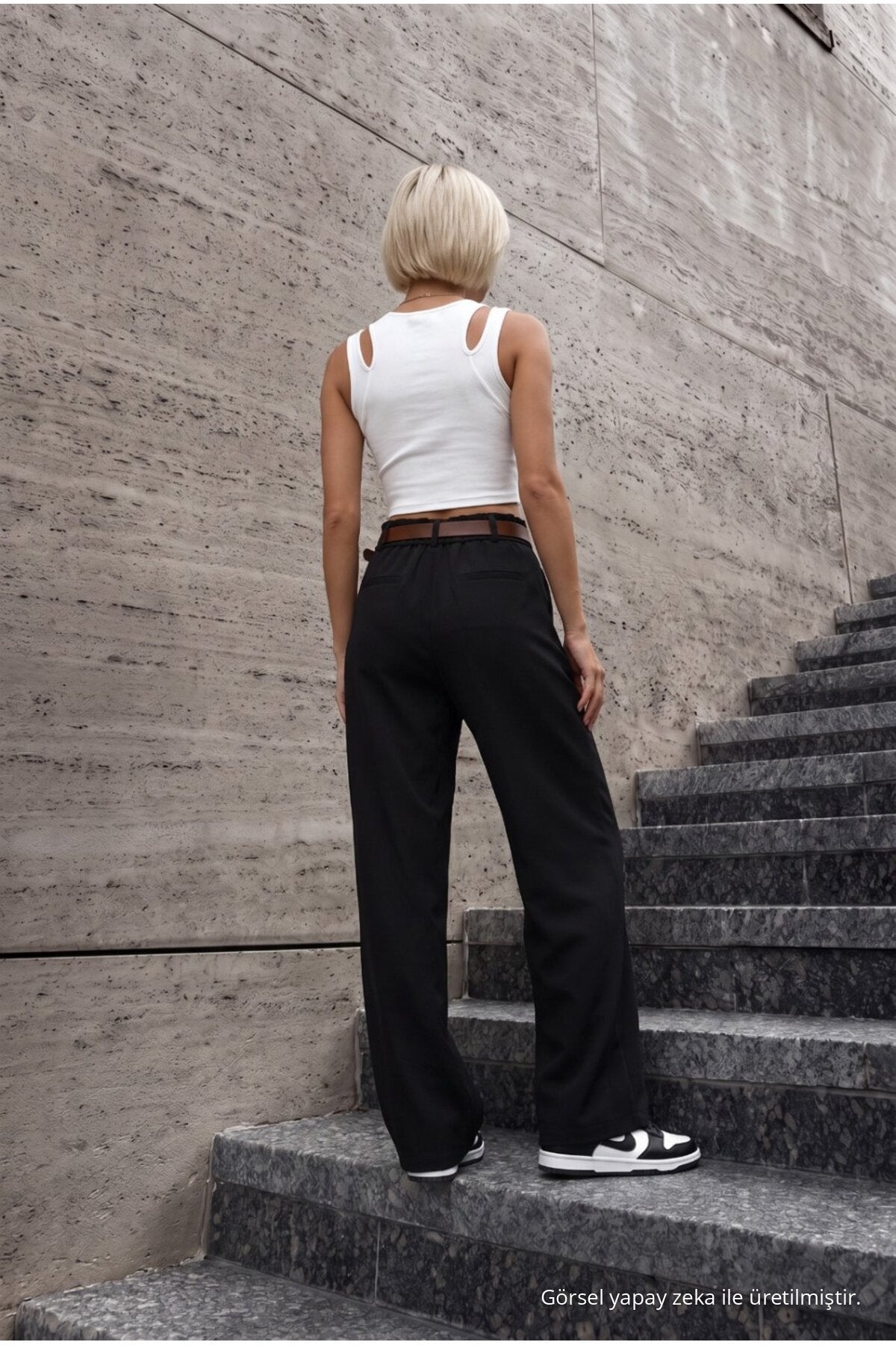 Women's Belted Oversize Loose-Fitting Palazzo Pants with Elastic Waistband, BLACK - MALLTURK
