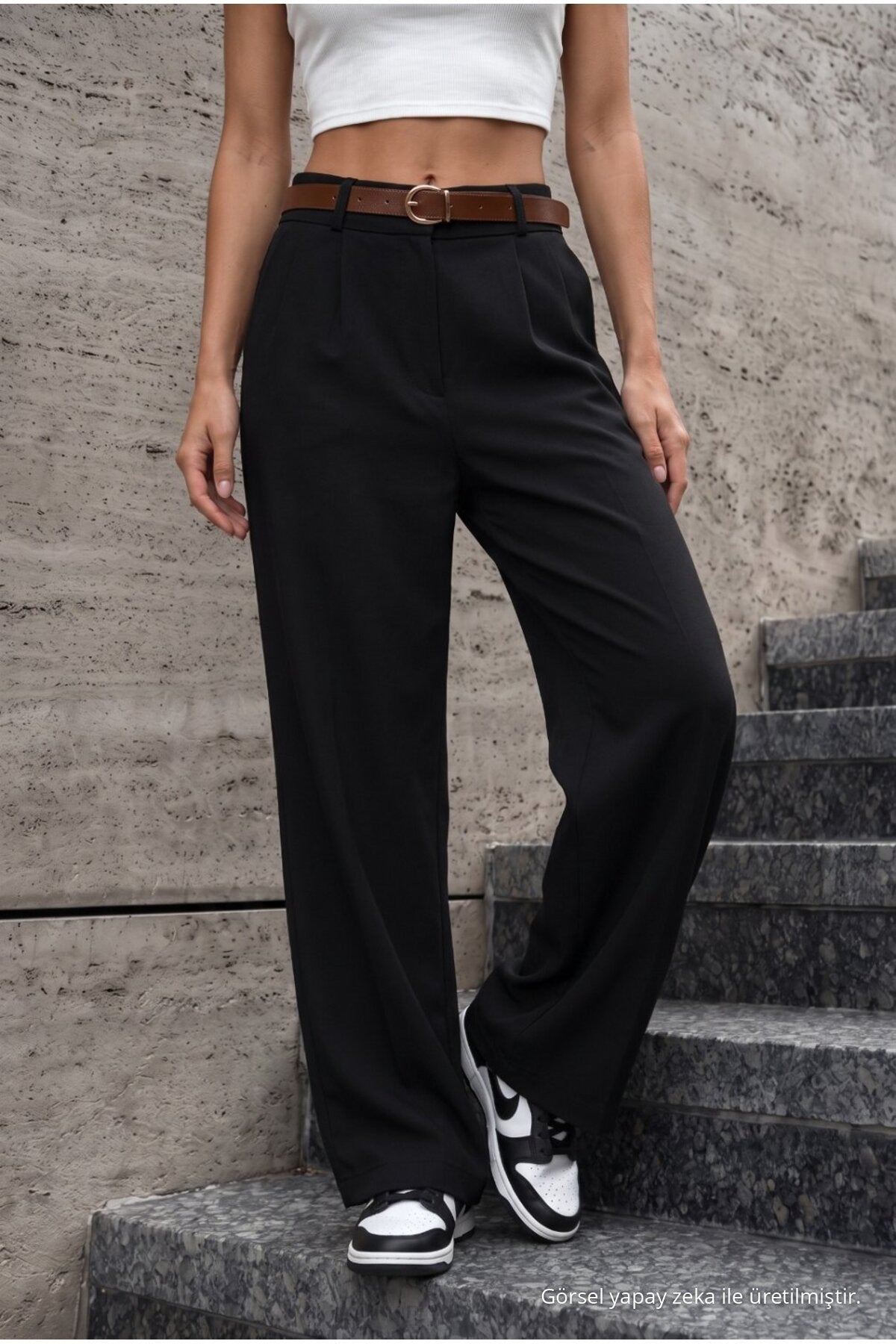 Women's Belted Oversize Loose-Fitting Palazzo Pants with Elastic Waistband, BLACK - MALLTURK