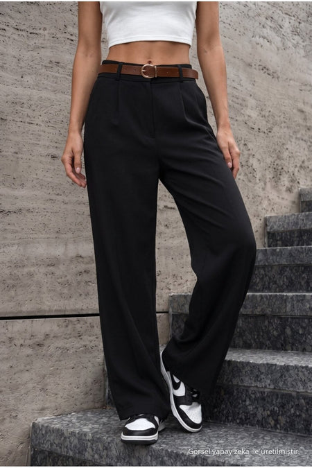 Women's Belted Oversize Loose-Fitting Palazzo Pants with Elastic Waistband, BLACK - MALLTURK