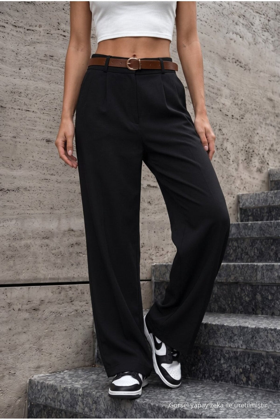 Women's Belted Oversize Loose-Fitting Palazzo Pants with Elastic Waistband, BLACK - MALLTURK
