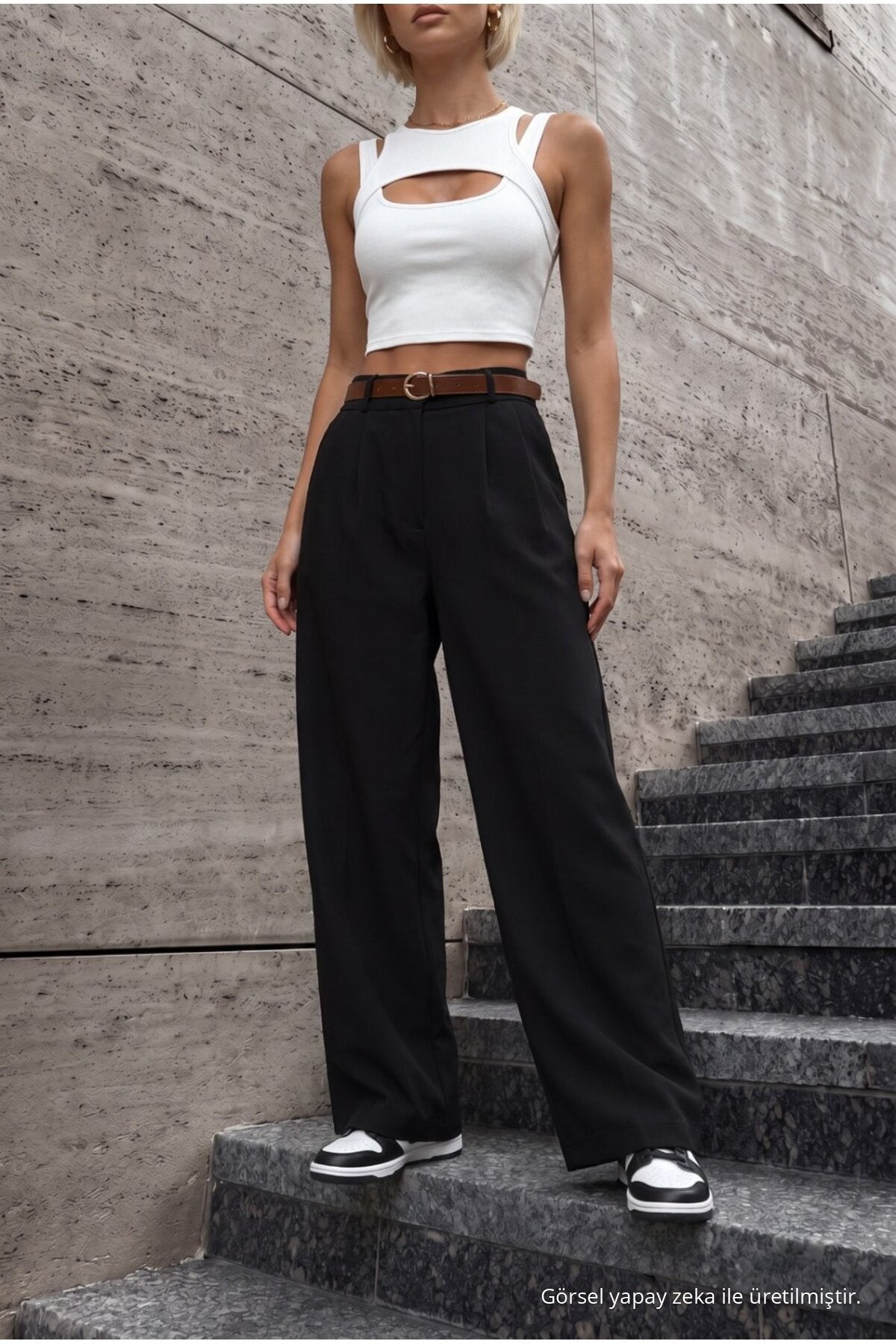 Women's Belted Oversize Loose-Fitting Palazzo Pants with Elastic Waistband, BLACK - MALLTURK