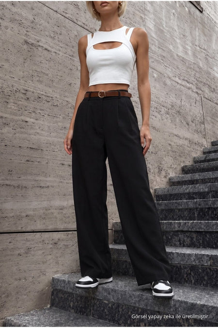Women's Belted Oversize Loose-Fitting Palazzo Pants with Elastic Waistband, BLACK - MALLTURK