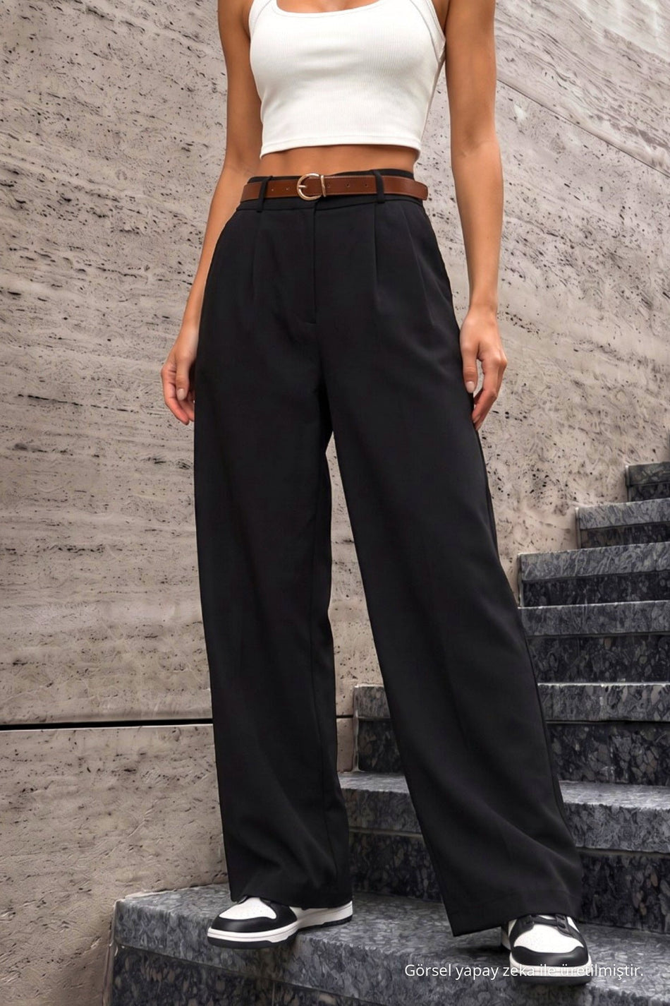 Women's Belted Oversize Loose-Fitting Palazzo Pants with Elastic Waistband, BLACK - MALLTURK