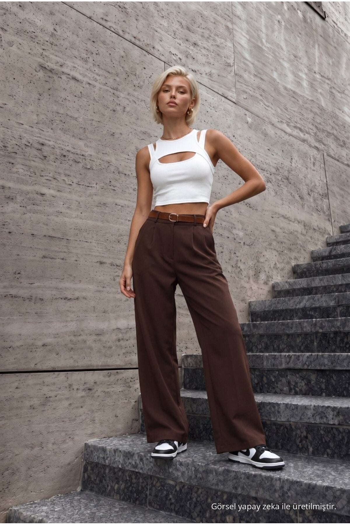 Women's Belted Oversize Loose-Fitting Palazzo Pants with Elastic Waistband, BROWN - MALLTURK