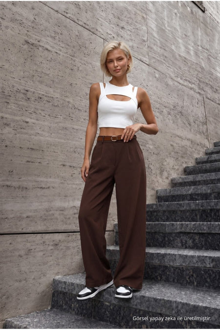 Women's Belted Oversize Loose-Fitting Palazzo Pants with Elastic Waistband, BROWN - MALLTURK