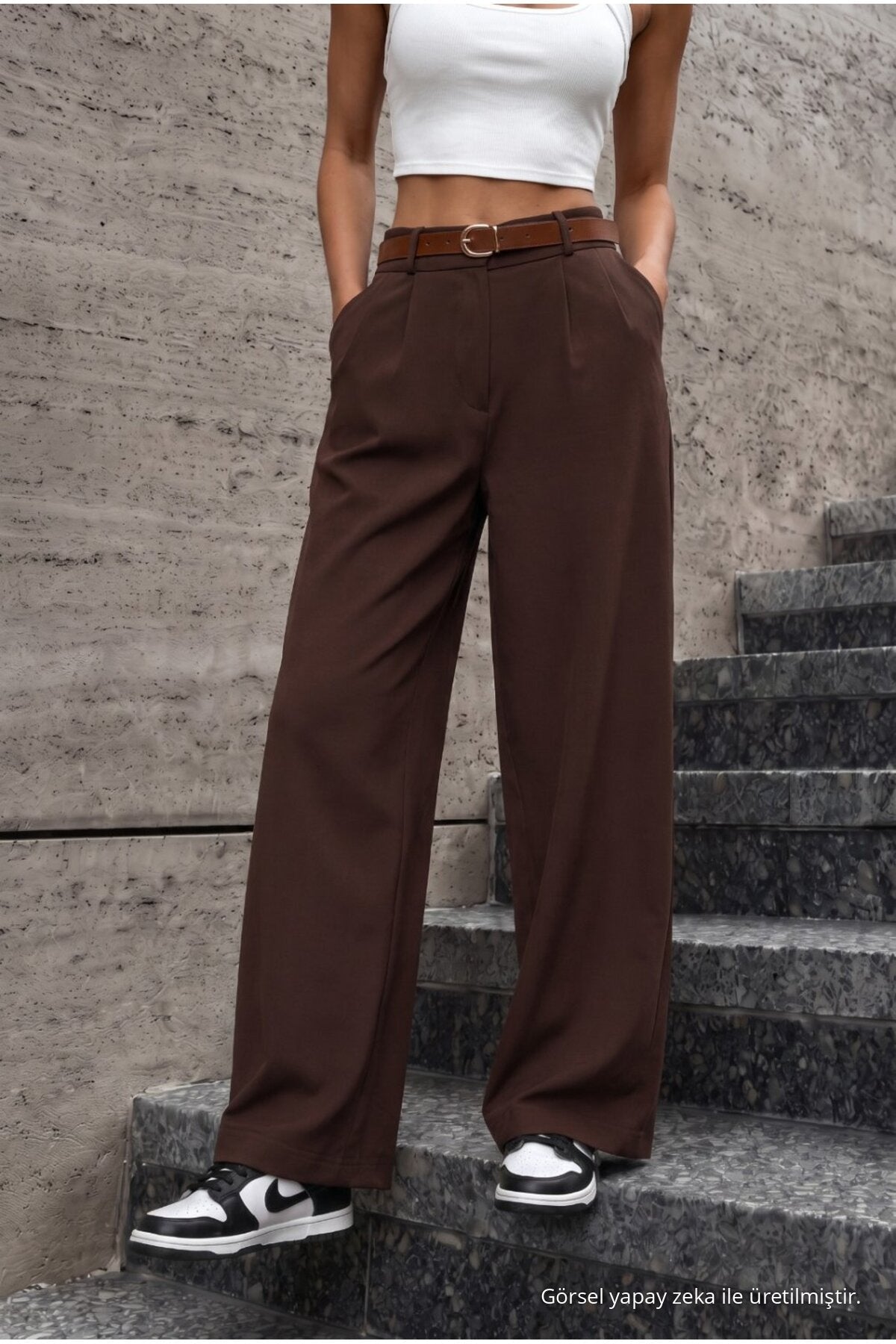 Women's Belted Oversize Loose-Fitting Palazzo Pants with Elastic Waistband, BROWN - MALLTURK