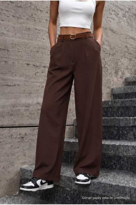Women's Belted Oversize Loose-Fitting Palazzo Pants with Elastic Waistband, BROWN - MALLTURK