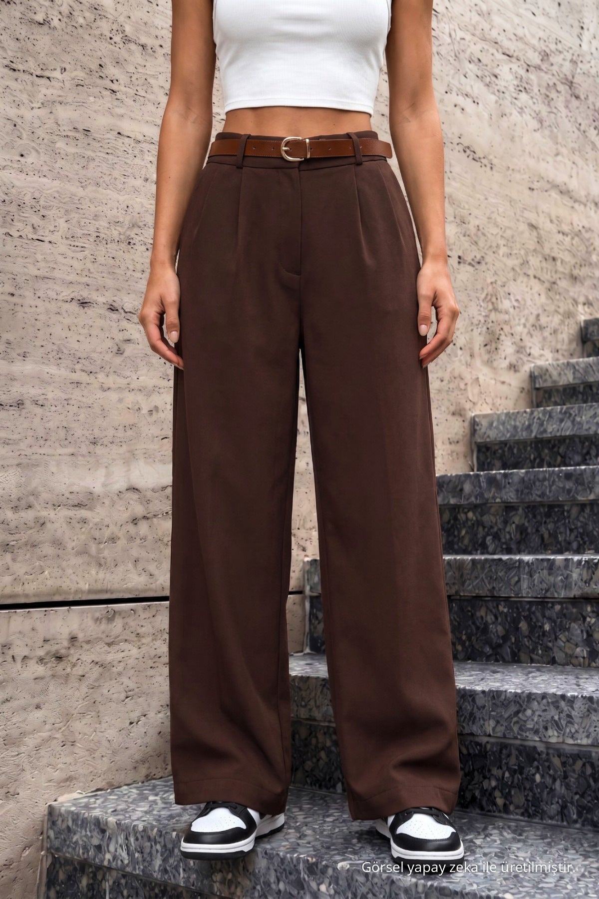 Women's Belted Oversize Loose-Fitting Palazzo Pants with Elastic Waistband, BROWN - MALLTURK