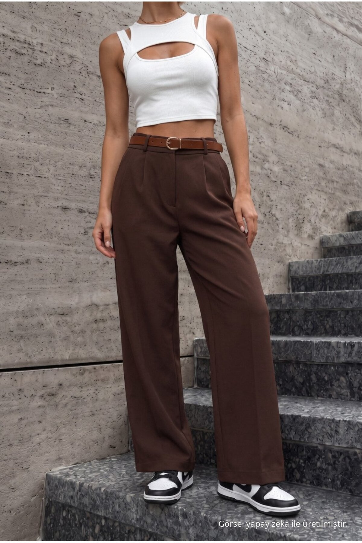 Women's Belted Oversize Loose-Fitting Palazzo Pants with Elastic Waistband, BROWN - MALLTURK